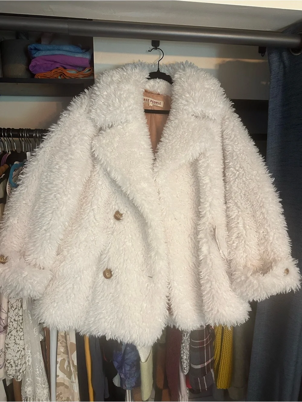 Free People Cream Shaggy Faux-Fur Peacoat Ivory